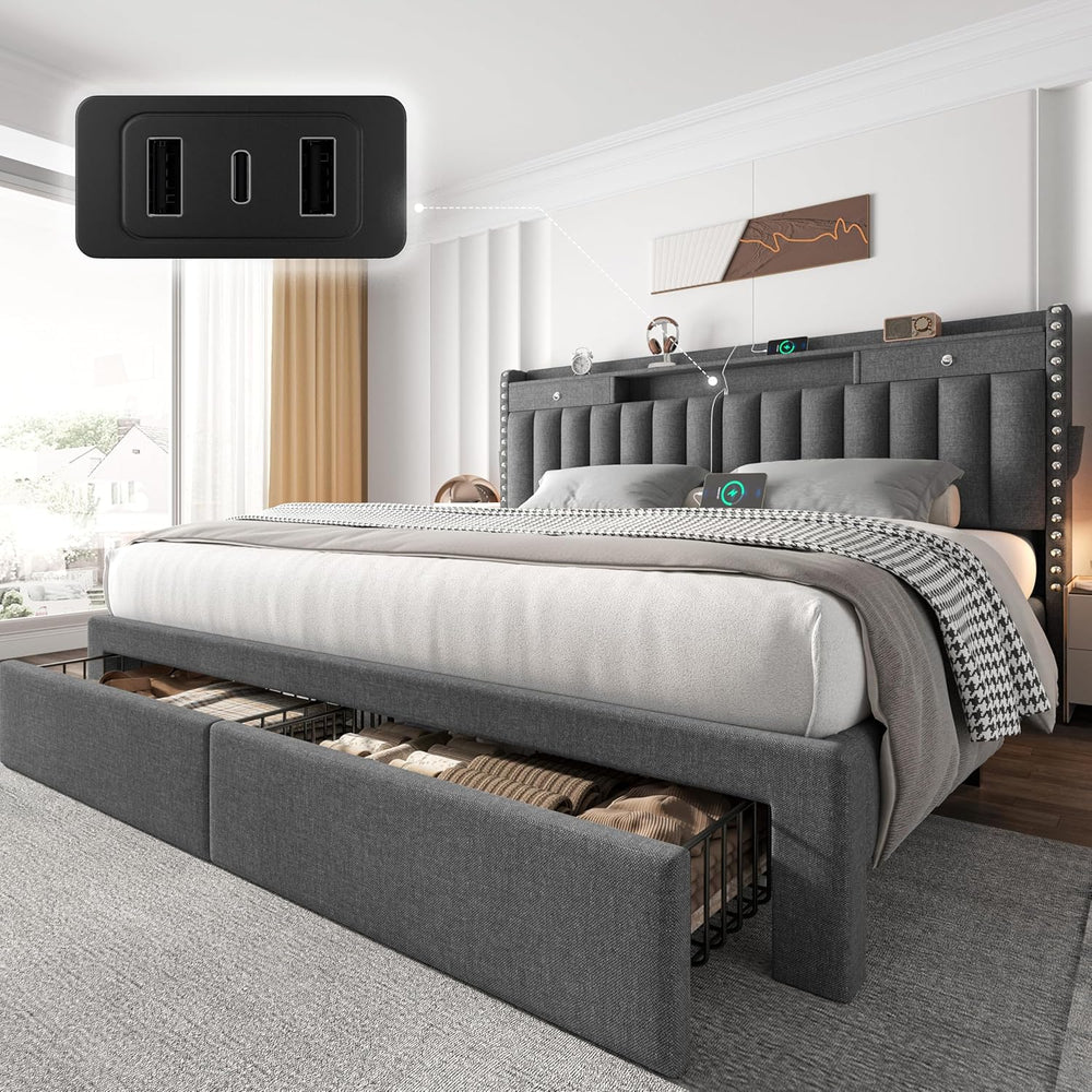 CypBed King Bed Frame with 4 Storage Drawers and Headboard,Charging Station
