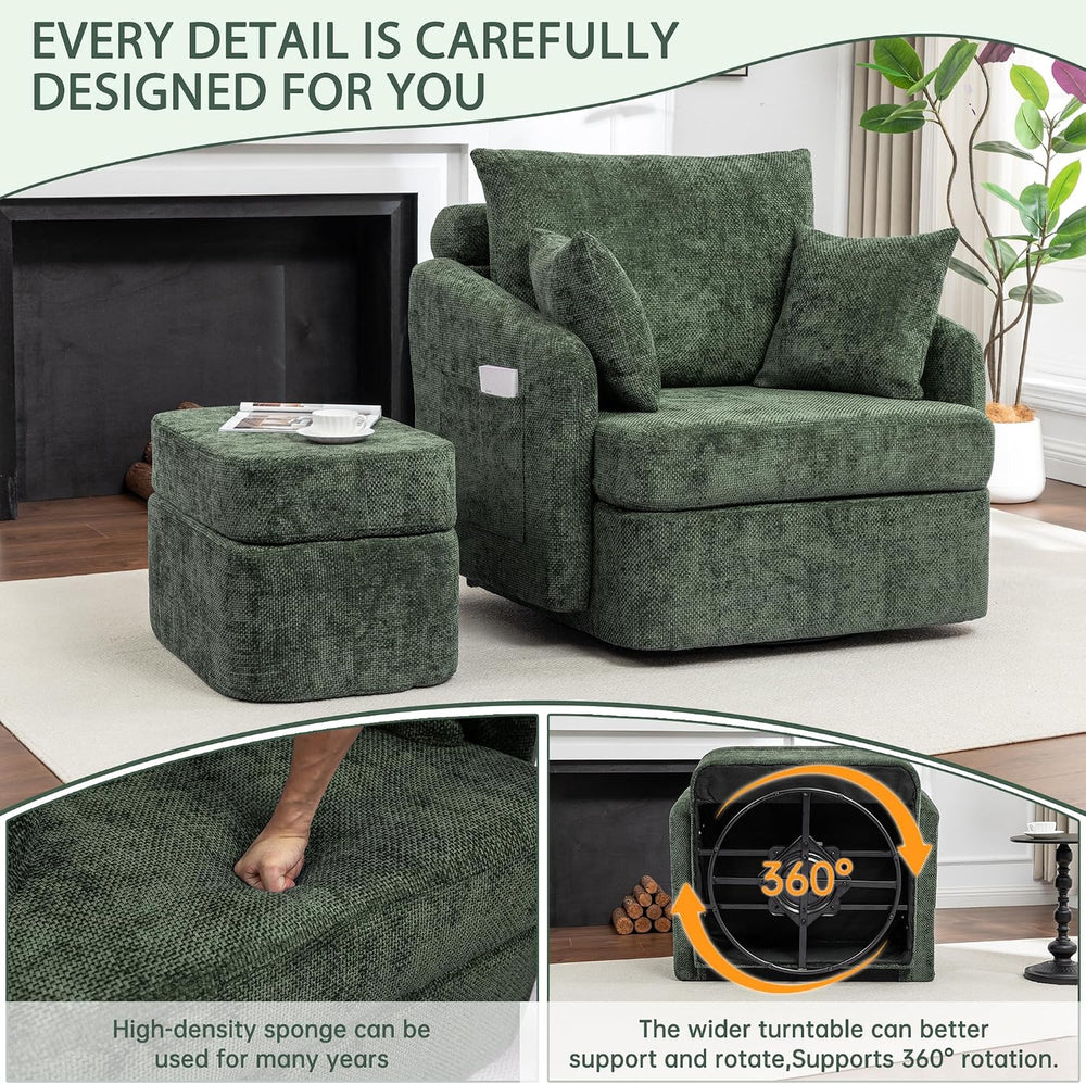 Swivel 39" Accent Chair with Ottoman & Pillows (Chenille Green)