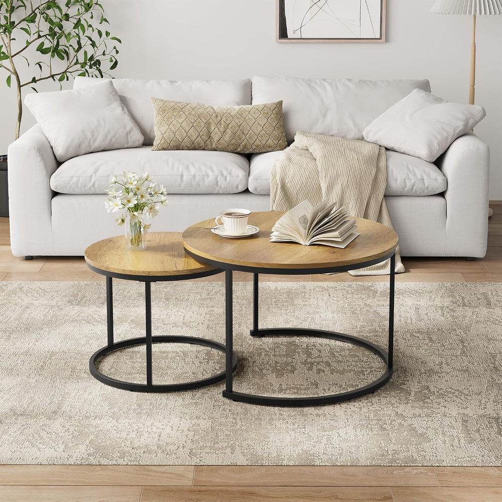 Smuxee Nesting Coffee Table Set of 2, 27.6" Round Coffee Table Wood Grai...