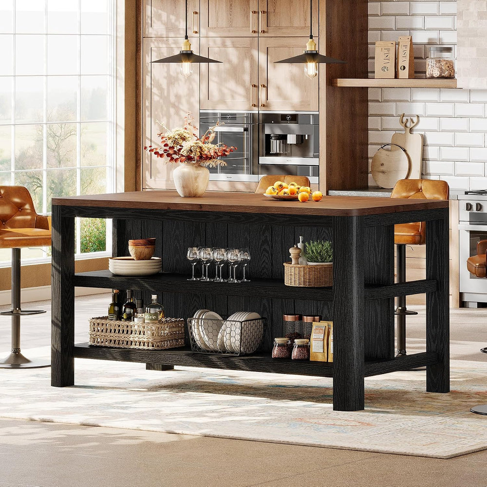 63" Solid Wood Kitchen Island with Storage Shelves, Black