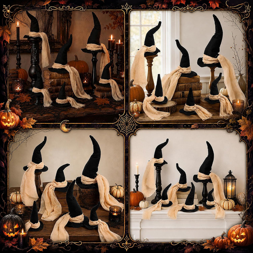 6 Pcs 3 Size Halloween Witch Hat Table Centerpieces with Gauze Ribbon
