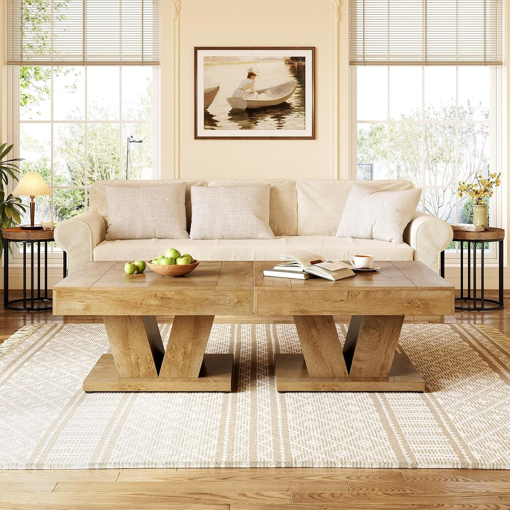 LITTLE TREE Square Coffee Table, Modern Rustic Coffee Table for Living Room, ...
