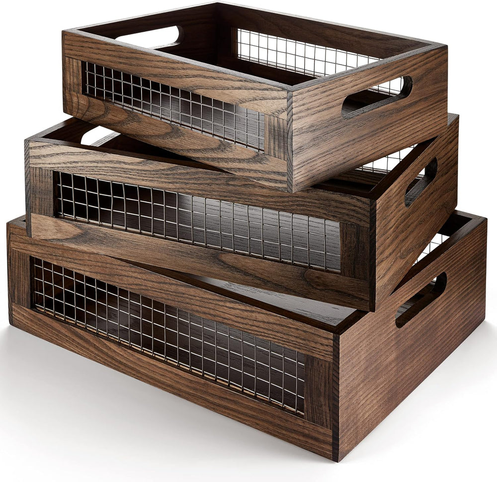 Set of 3 Large Wooden Nesting Countertop Basket for Display