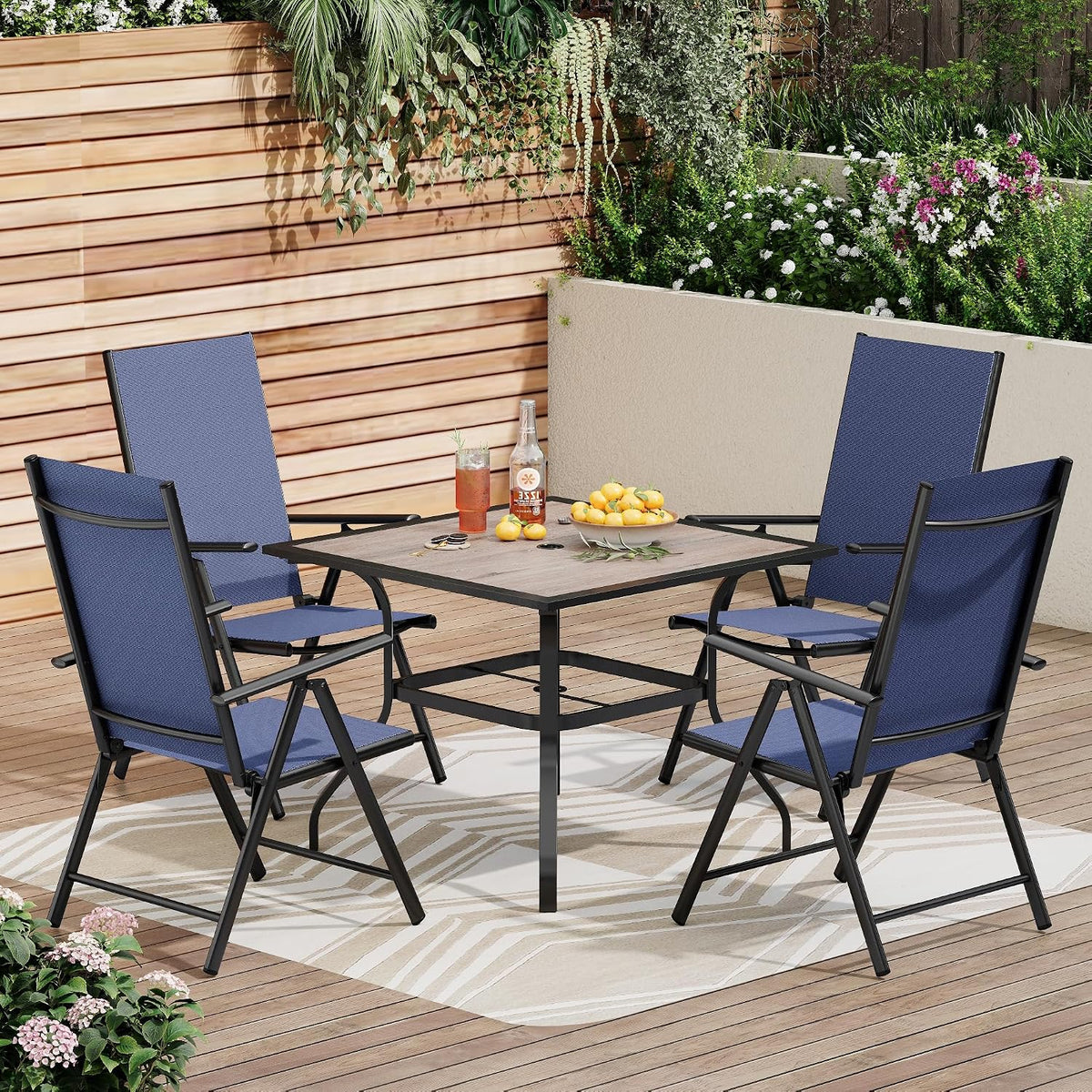 PHI VILLA Outdoor Dining Set for 4, Square Table w/Folding Chairs, Blue