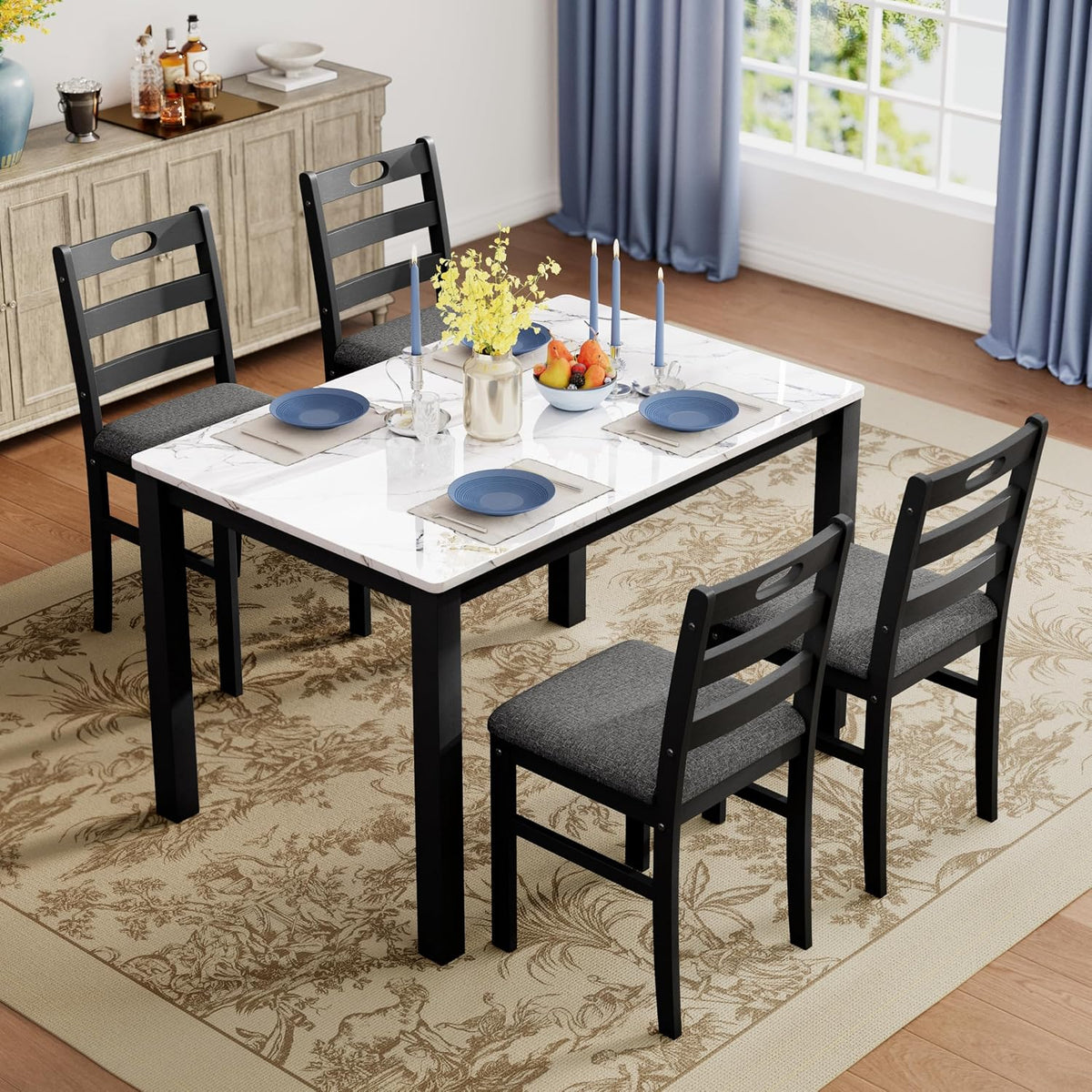 PHI VILLA Dining Table Set for 4, Marble Design Kitchen Table and Chairs