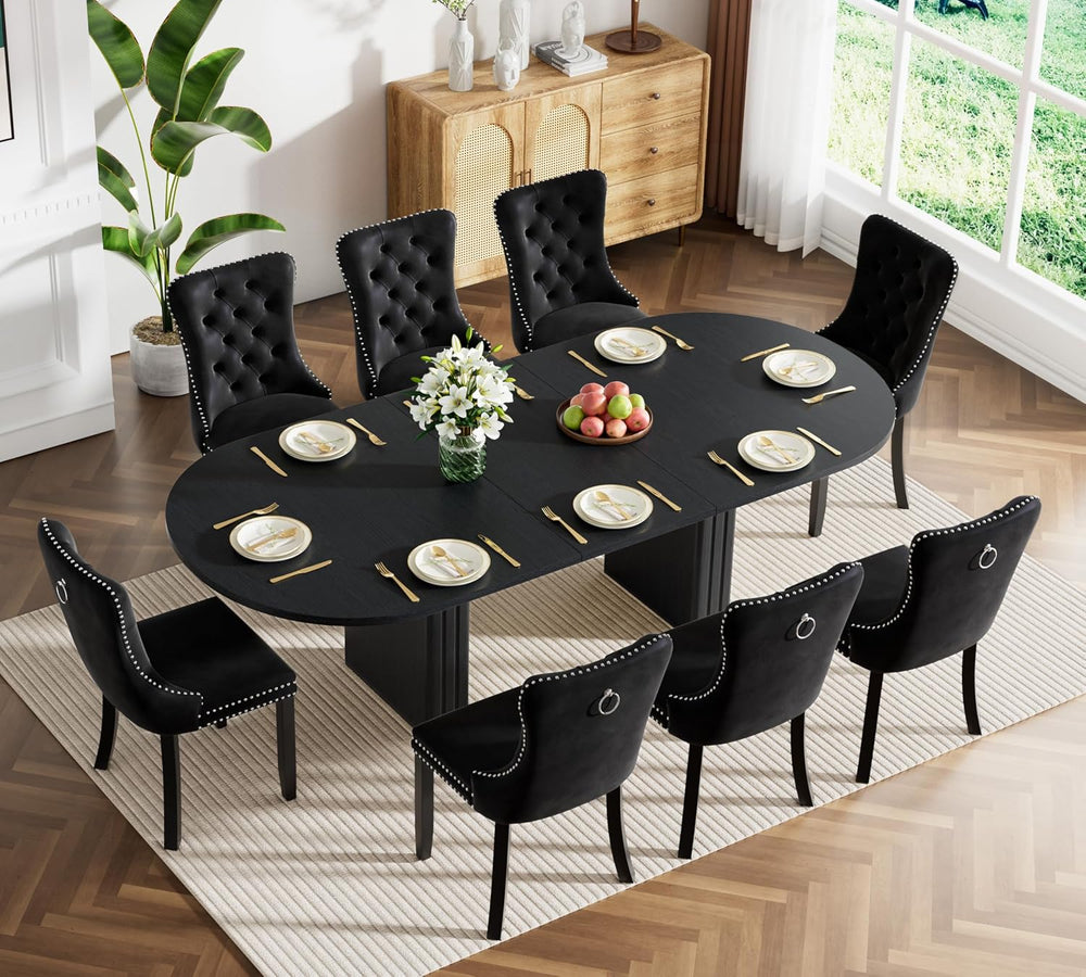 63"-79" Extendable Dining Table Set with 8 Black Chairs, 9 Piece Ov...