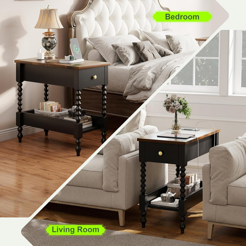 YOSHOOT Farmhouse End Table with Charging Station, Narrow Side Table