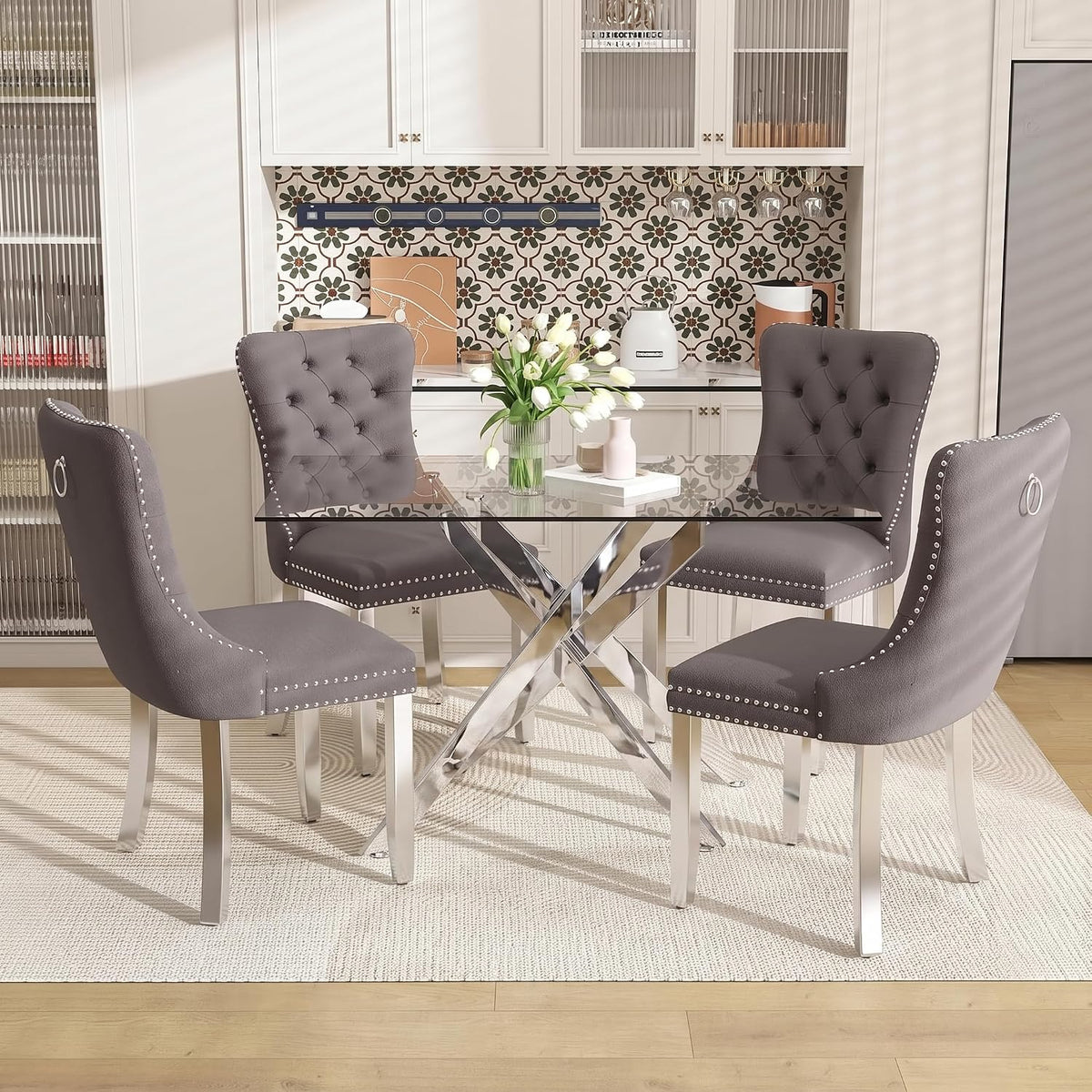 51" 5-Piece Glass Dining Table Set for 4, Grey&Silver