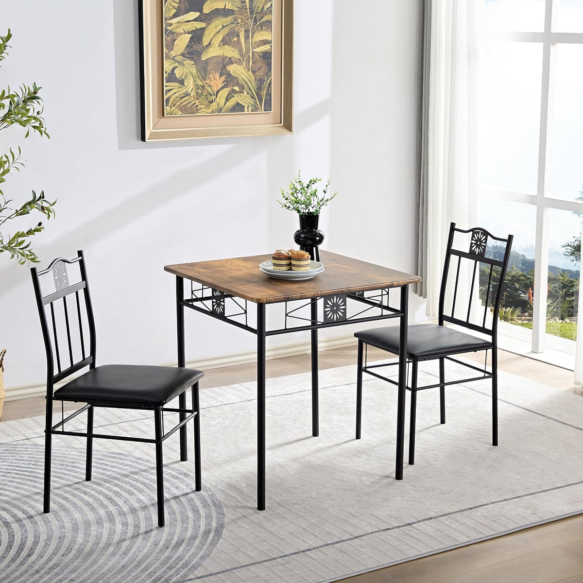 VECELO 3 Piece Small Dining Table Set for 2 with Upholstered Chairs, Brown