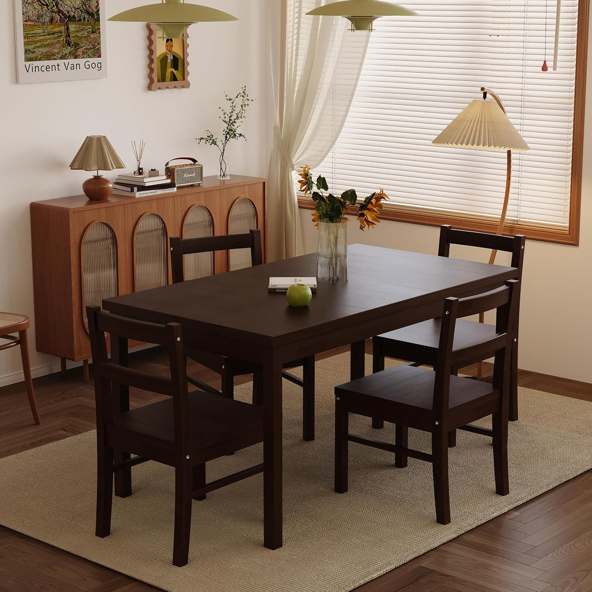 5-Piece Solid Wood Indoor Modern Rectangular Dining Table Set for 4,Table and 4 Solid Wood Dining Chairs for Kitchen,Bar,Living Room,Breakfast Nook, Espresso