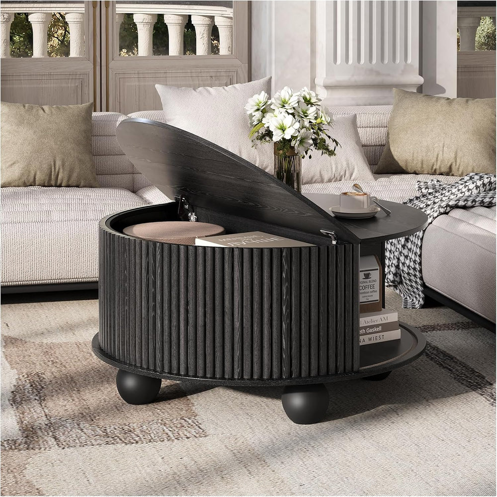 JOINICE 31.5" Round Coffee Table with Storage,Unique Bun Feet,Black
