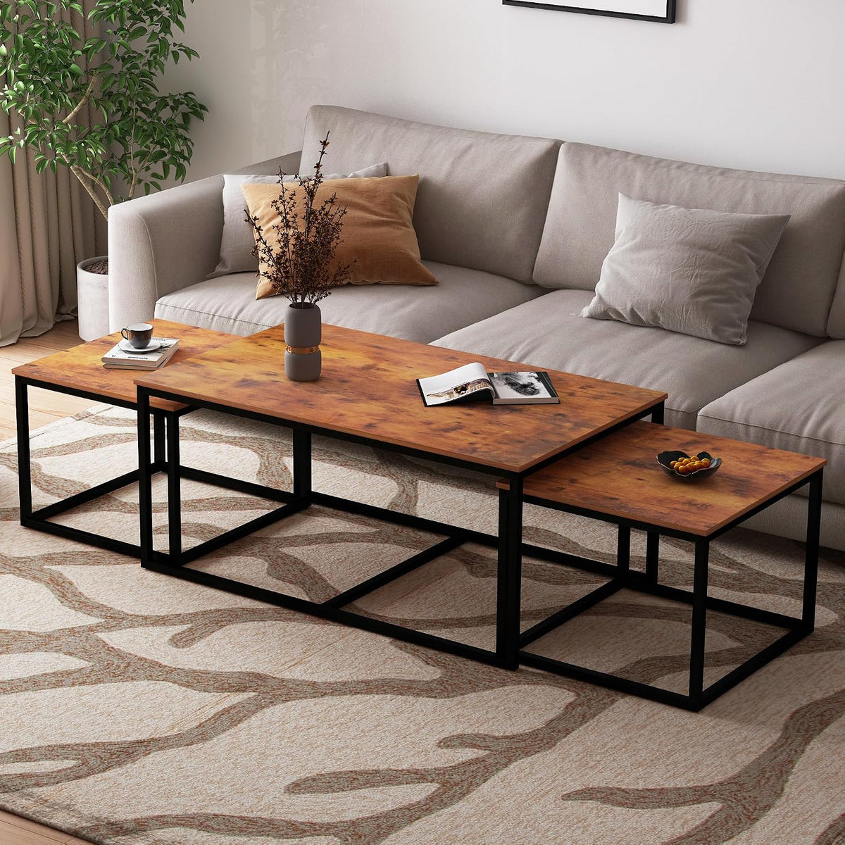 Nesting Coffee Tables,3 Piece Living Room Coffee Table,Industrial Rectangular Coffee Table Set,End Table Side Tables for Living Room Bedroom