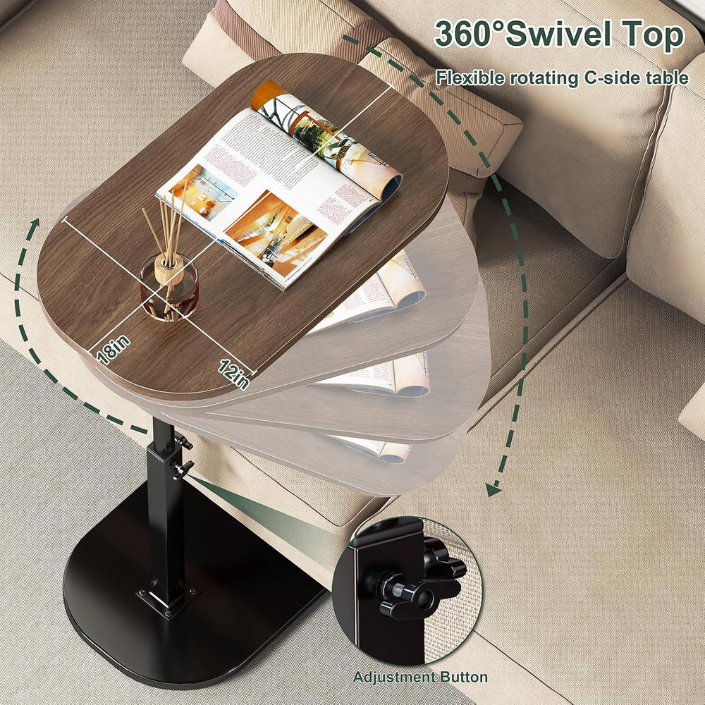 C Shaped Side Table, Adjustable Height C Shaped End Table, 360°Swivel Couch S...