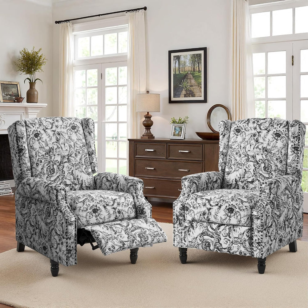Wingback Floral Pushback Recliner Chair, Rococo Black, Set of 2