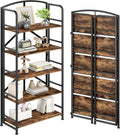 No Assembly,Folding Bookshelf 5 Tiers, Vintage Storage Rack,Rustic Brown