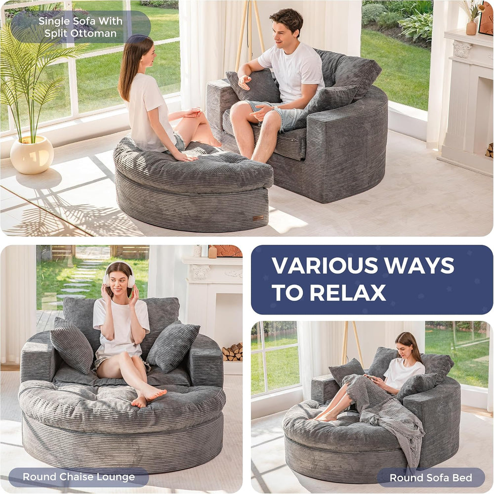 MAXYOYO Oversized Round Chaise Lounge Sofa, Boneless Chair with Ottoman