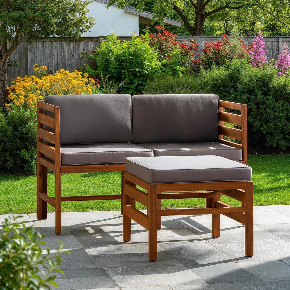 Walker Edison Ravello Contemporary 3 Piece Acacia Wood Outdoor Modular Chat S...