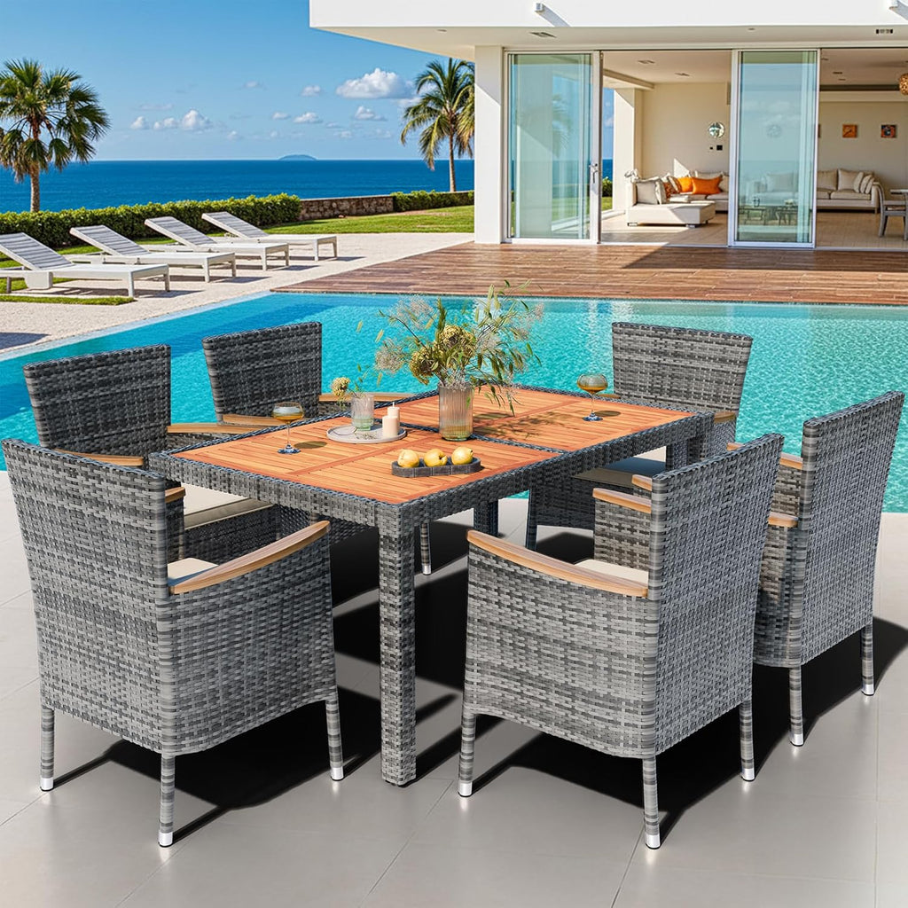 shintenchi 7 pcs wicker patio dining set, grey shown in use