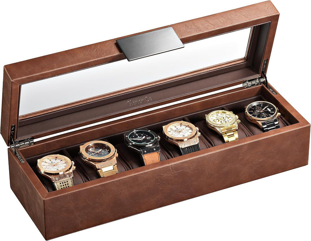 Glenor Co 6 Watch Box for Men - Mens Watch Case w Glass Lid – Luxury Mens Watch Box - Watch Holder for Men w Metal Accents & Sturdy Hinges - Modern & Masculine Watch Display Case Brown