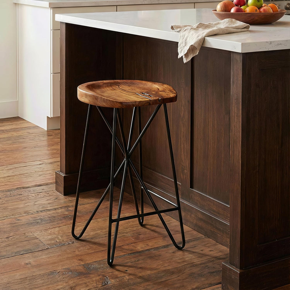 Bare Decor Aloha Backless Live Edge Teak Counter Stool with Solid Black Metal...