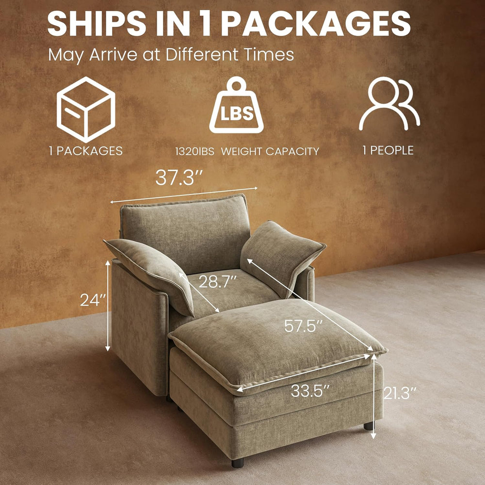 37" Chenille Oversized Sofa Chair with Movable Ottoman, Chair & Otto...