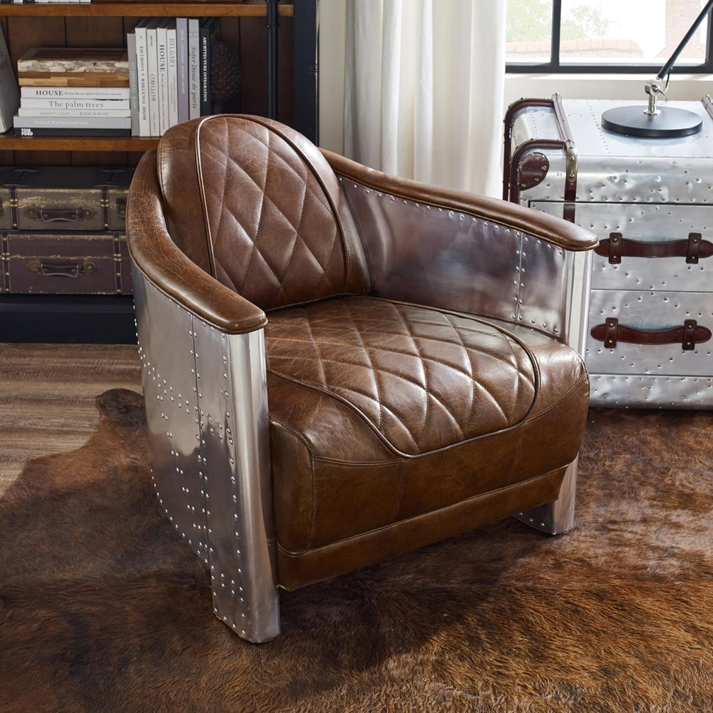 Volans Mid Century Modern Genuine Leather Accent Arm Chair with Vintage Alumi...