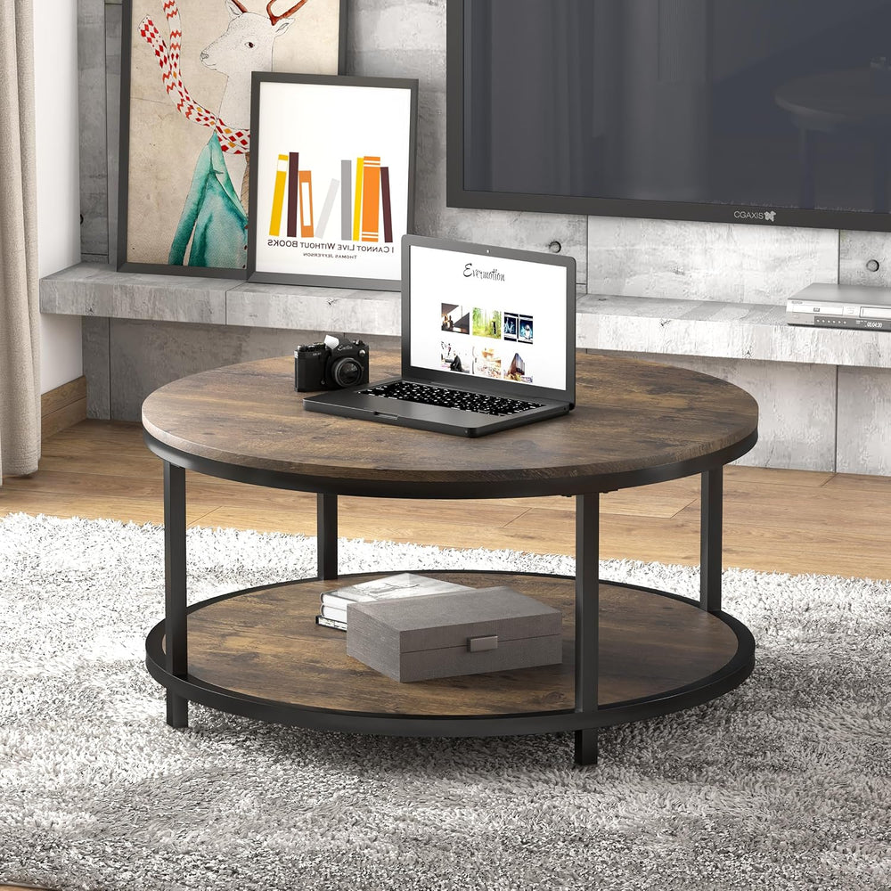 NSdirect 36 inches Round Coffee Table, Rustic Wooden Surface Top & Sturdy...