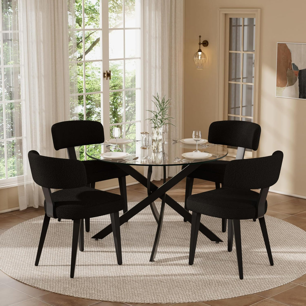 Small Dining Table Set for 4, 36" Round Kitchen Table with 4 Teddy Boucle Dining Chairs, Tempered Glass Top with Metal Legs(All Black)