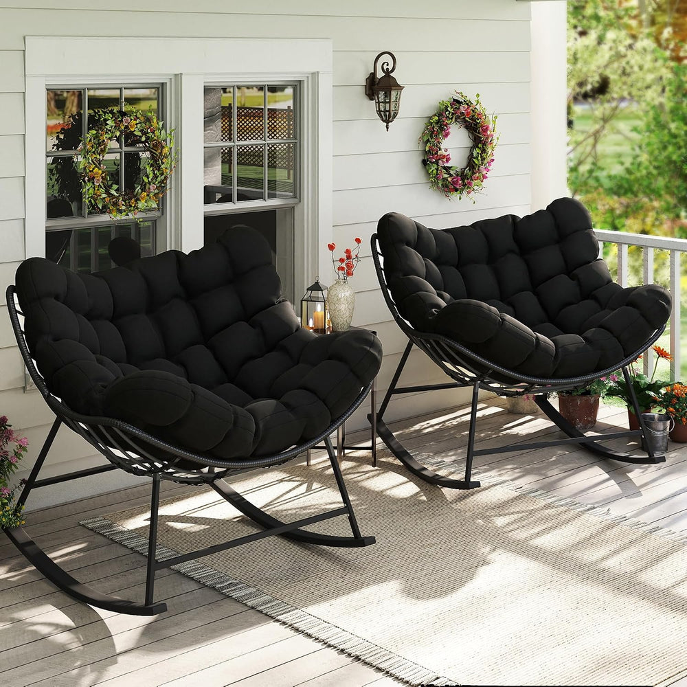 Kromax Oversized Outdoor Papasan Rocking Chair Set of 2, Black