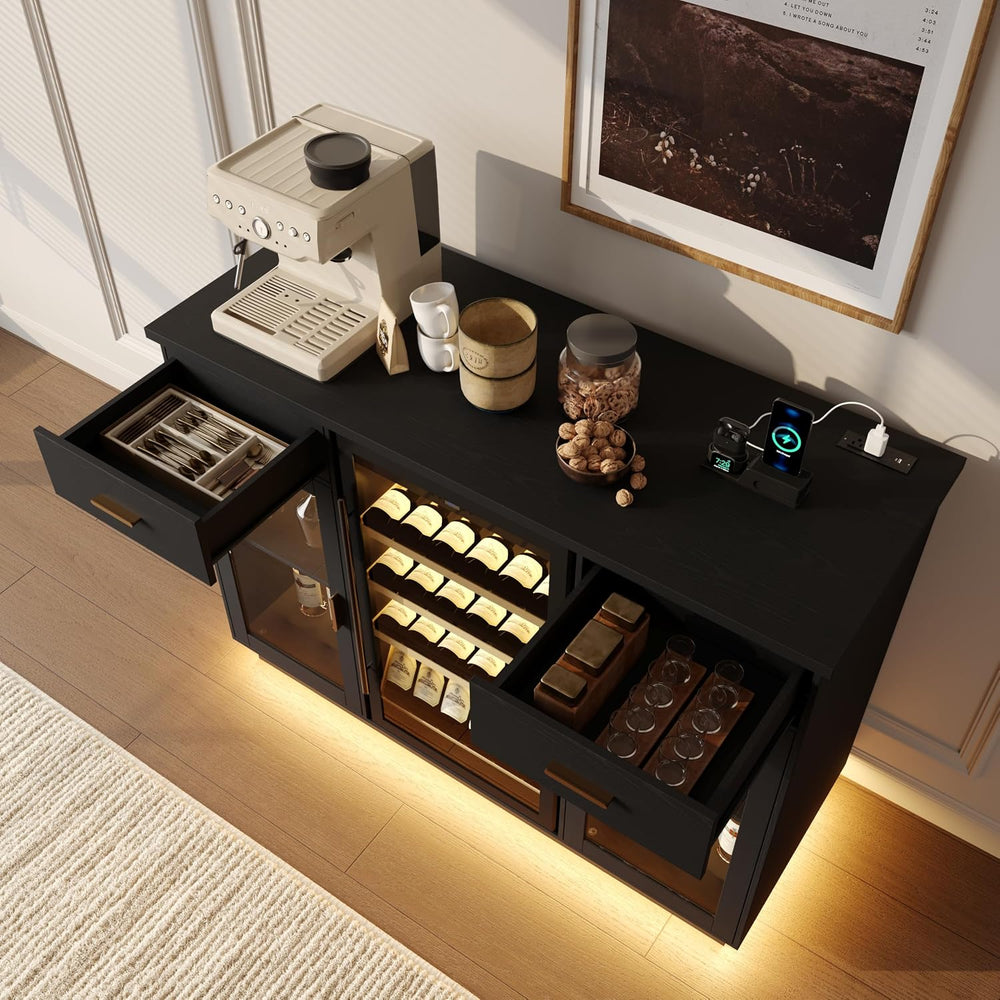 COCO DESIGN Coffee Bar Cabinet with Fridge Space and Power Outlet, Black