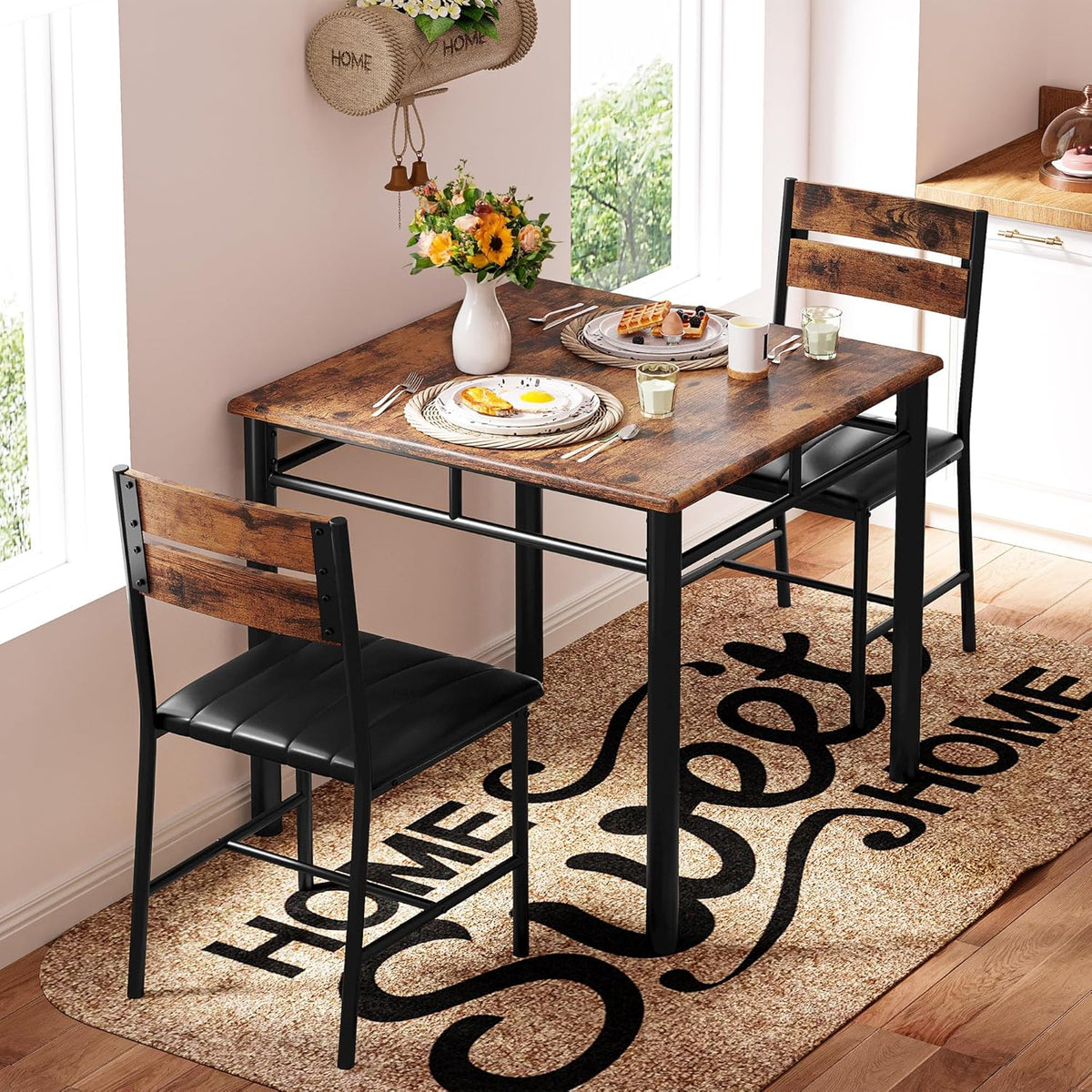 IRONCK Dining Table Set for 2, Rustic Brown | Small Kitchen Table with Upholstered Chairs, Compact Dining Set for Small Spaces, Kitchen & Dining Room