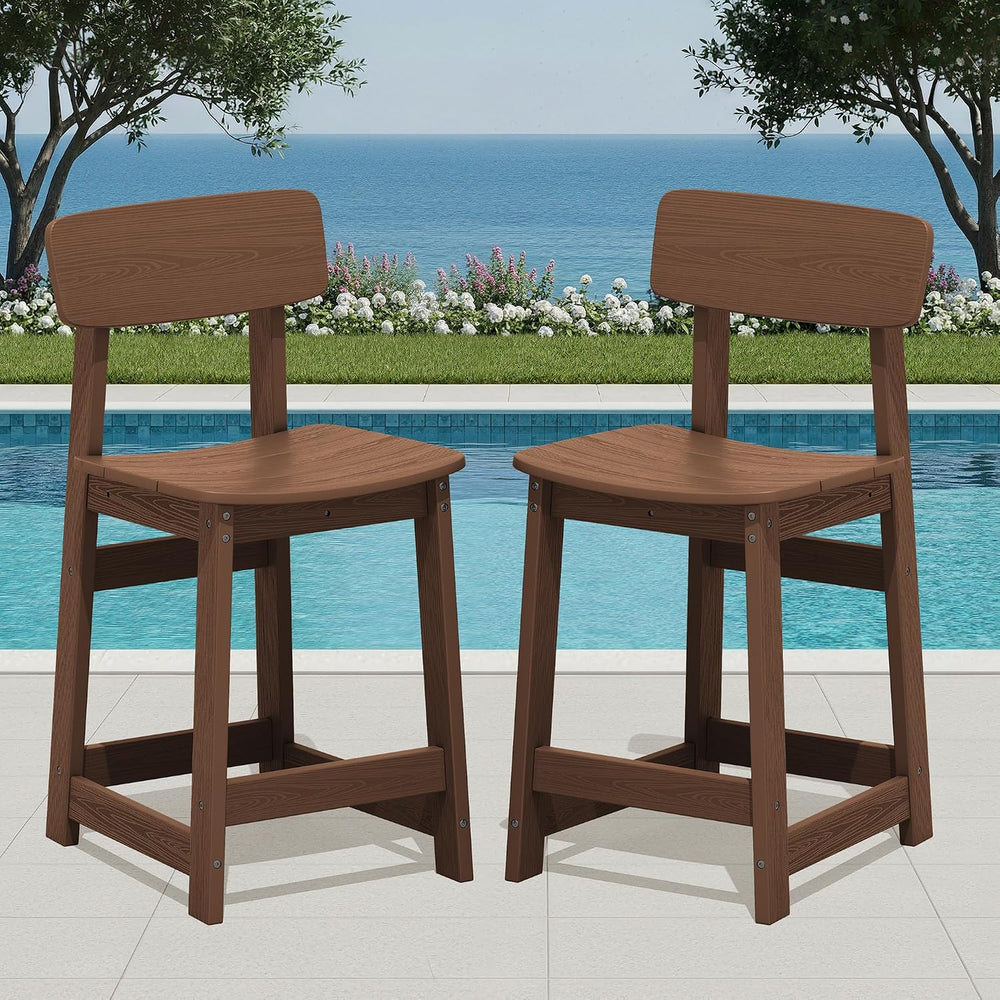 SERWALL Outdoor HDPE Counter-Height Bar Stools Set of 2, Brown