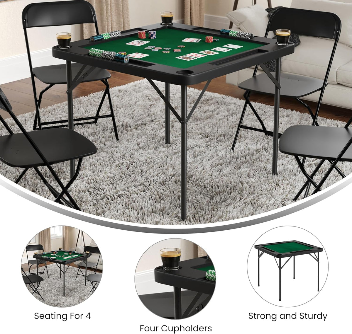 Flash Furniture 34.5" Black Folding Card Game Table | 4-Player, Cup Holders, Green Playing Surface, Portable