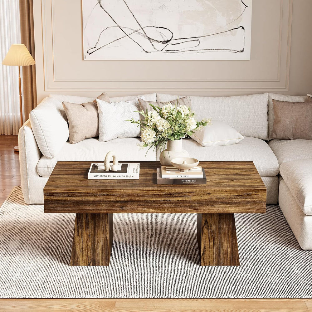 LITTLE TREE Farmhouse Coffee Table, 47 Inches Living Room Table, Rectangular ...