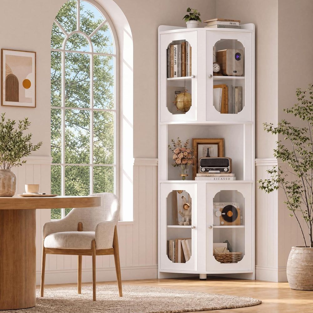 69" Tall Corner Storage Cabinet, 5-Tier Corner Hutch with Glass Doors,White