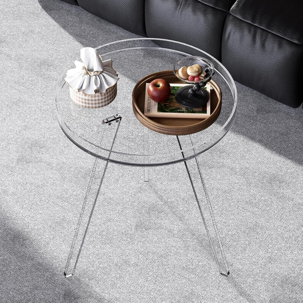 Clear Acrylic Side Table, Round End Table Nightstand Bedside Table Small Circle with Tray for Living Room Bedroom Office Small Space (Clear)