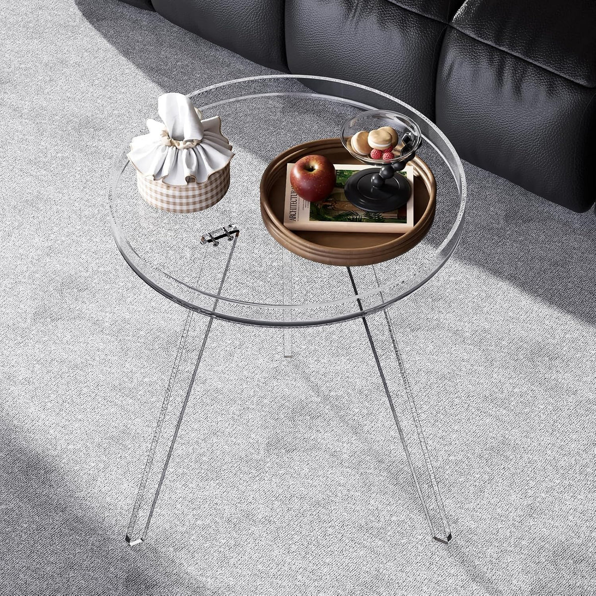 Clear Acrylic Side Table, Round End Table Nightstand Bedside Table Small Circle with Tray for Living Room Bedroom Office Small Space (Clear)