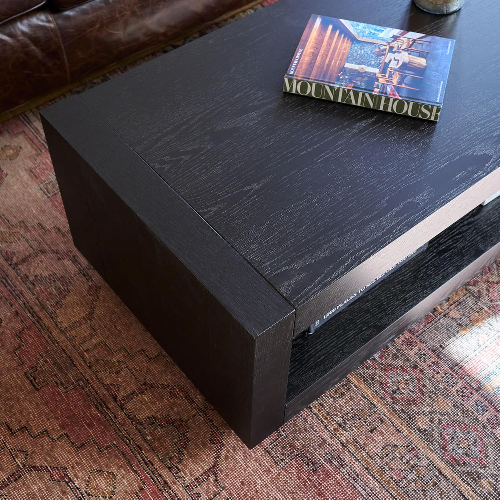 Maven Lane Artemis Coffee Table with Storage, Black Solid Wood, 18"