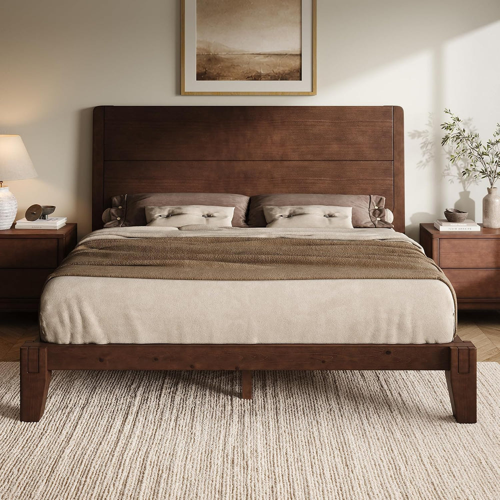 AMERLIFE Solid Wood Queen Bed Frame with Headboard, Japanese Joinery,Walnut