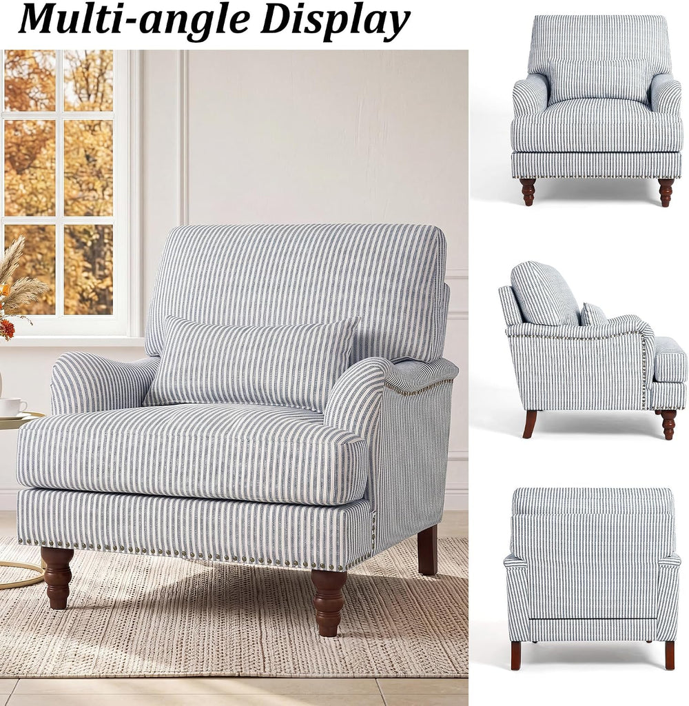 Mid-Century Modern Accent Chair with Lumbar Pillow, Pinstripe Blue, 1 Pack
