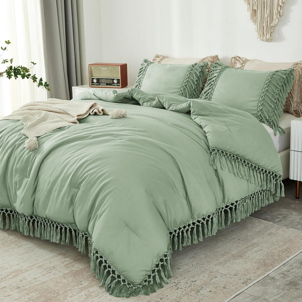 Andency Sage Green Comforter Set King, 3 Pieces Boho Tassel Bedding