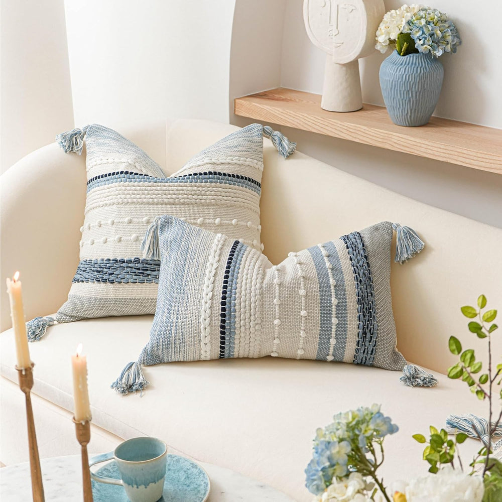 BlissBlush Coastal Blue Boho Decorative Throw Pillow Cover 20x20 Modern Bohem...