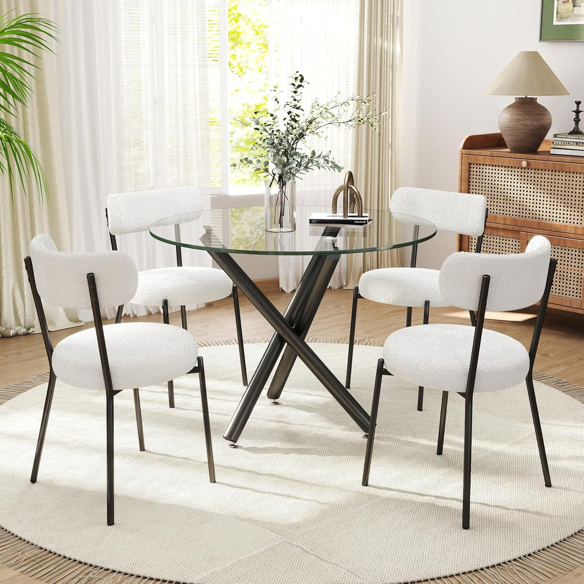 Black Round Glass Dining Table Set for 4, 36'' Small Modern Kitchen Table Set with 4 White Boucle Upholstered Dining Chairs, 5 Piece Minimalism Dining Room Set, Easy Assemble