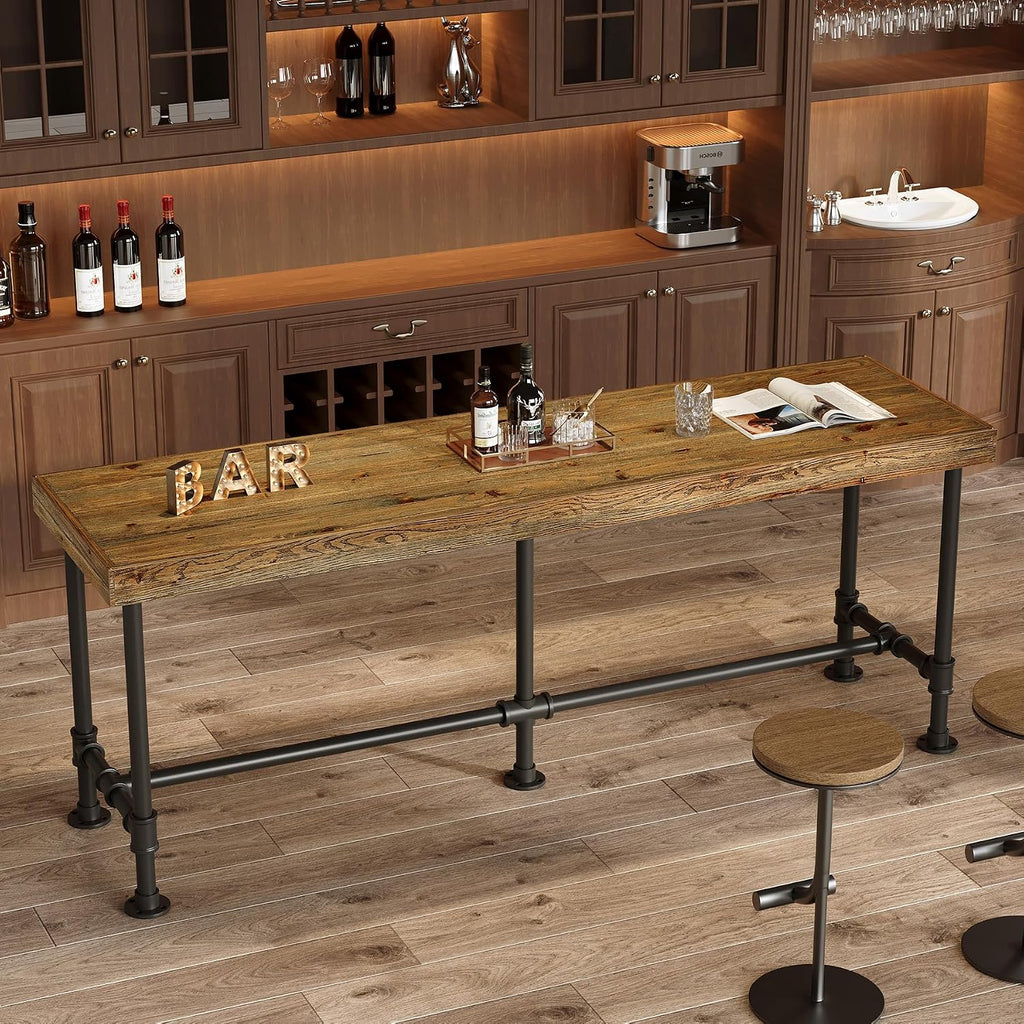 70.9-Inch Long Solid Wood Bar Table for 6-8 People, Industrial Narrow Counter Height Pub Table with Metal Footrest, Rectangular High Top Bar Unit for Kitchen Dining, Rustic Brown(Table Only)