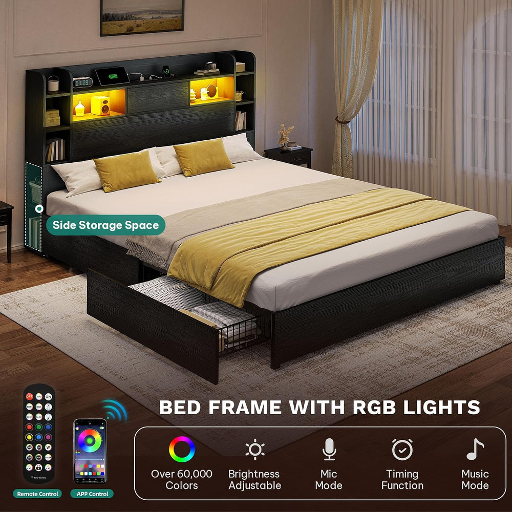 YITAHOME King Size Bed Frame, 51" Tall Bookcase Headboard, 4 Storage Drawer