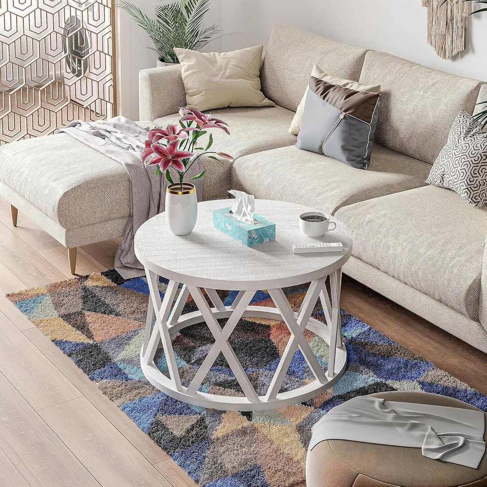 COZAYH Farmhouse Coffee Table, Rustic Round Coffee Table with X-Motifs Legs, ...