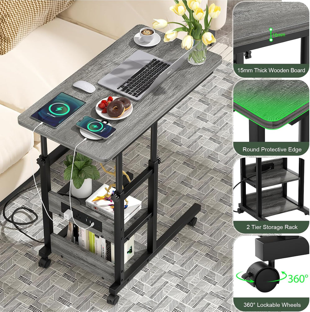 Rolling C Shaped End Table with Charging Station for Couch, Height Adjust