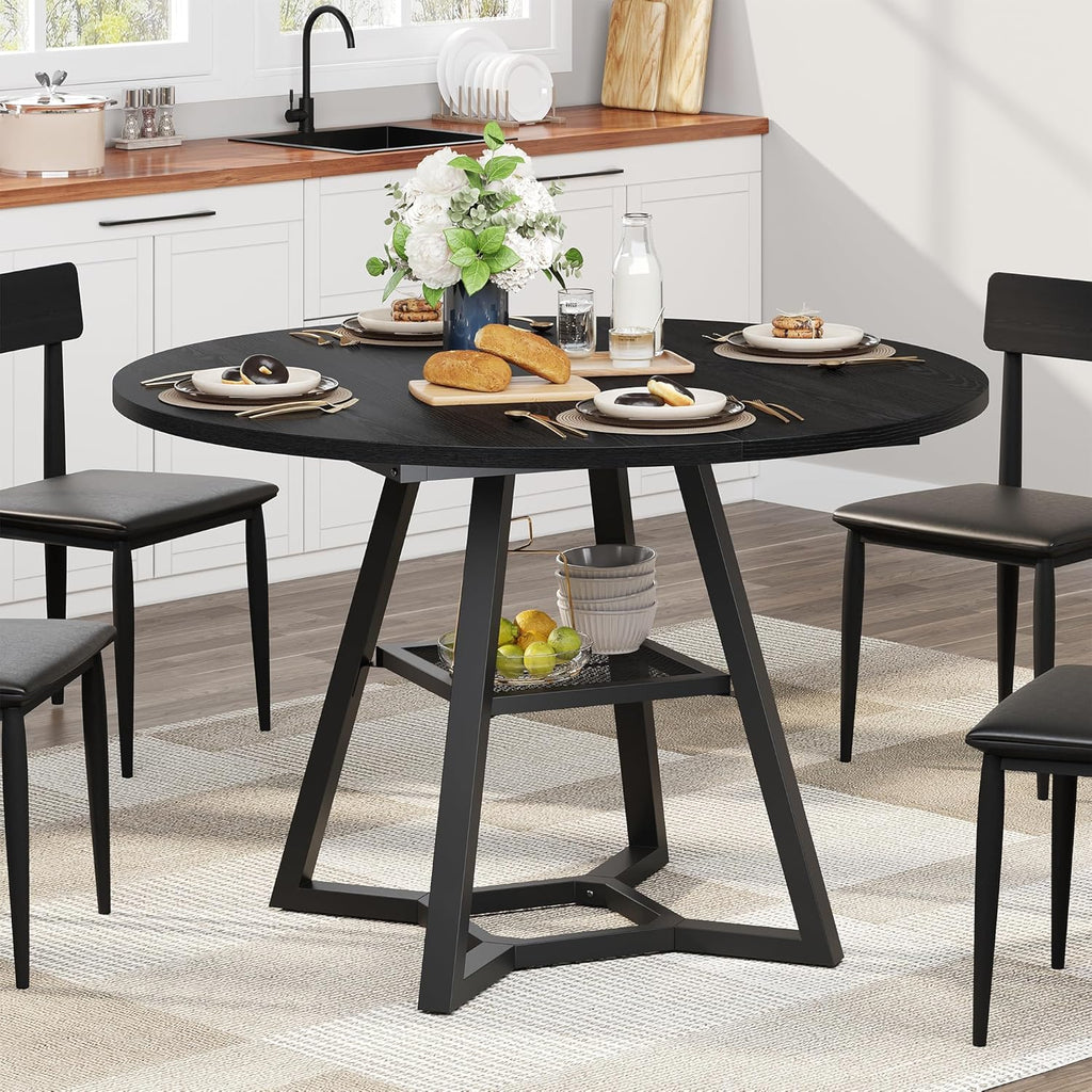 knoworld Round Dining Table for 4, Kitchen Tables Dining Room Circle Dinner Table with Pedestal Metal Frame, Space Saving Wood Industrial Kitchen & Dining Room Tables (Black, 43In)