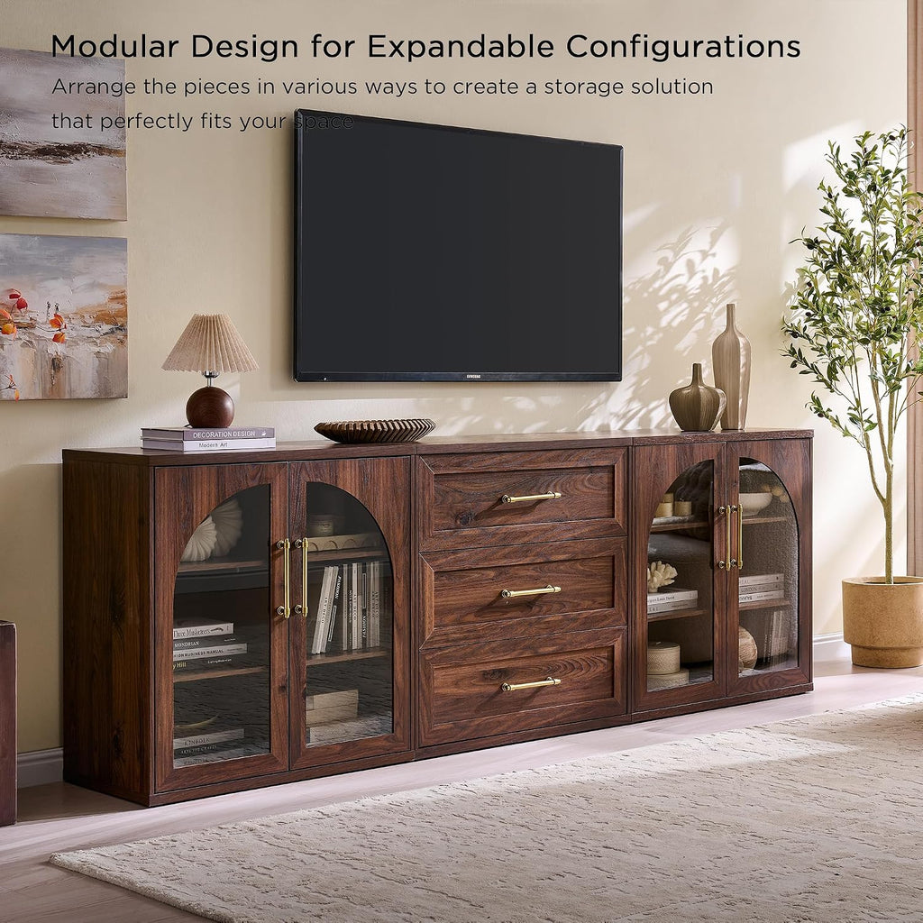 ACCOHOHO Glass Arched Door Sideboard Buffet Cabinet, Brown