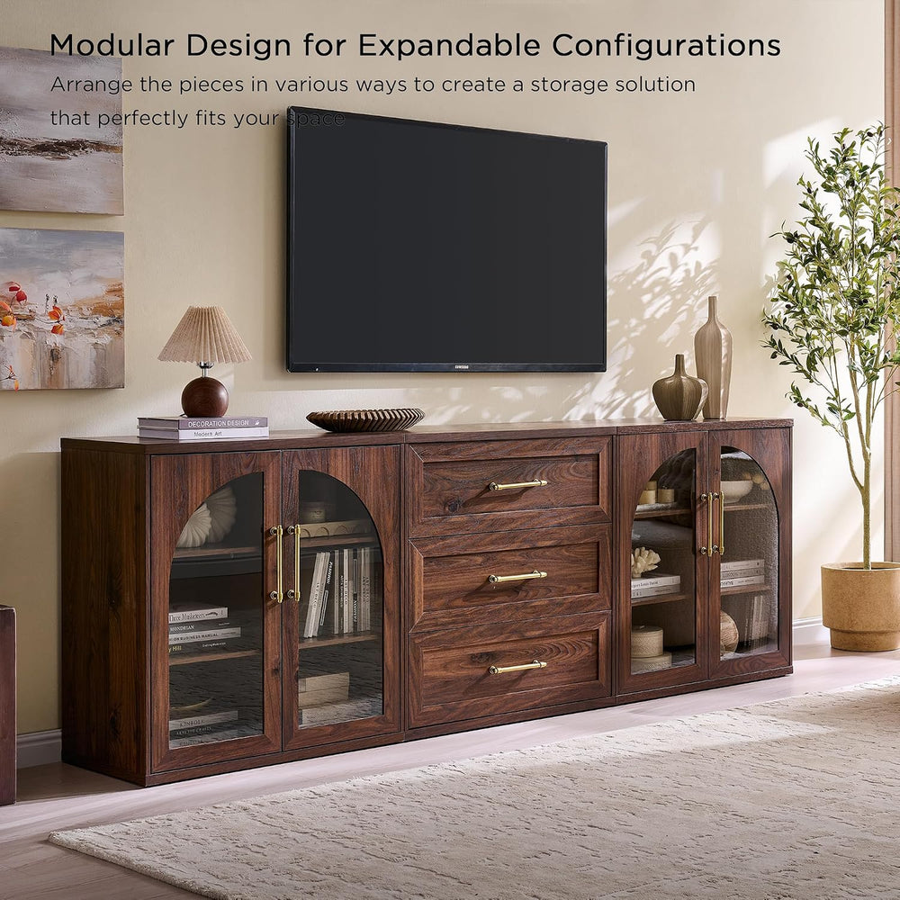 ACCOHOHO Glass Arched Door Sideboard Buffet Cabinet Set of 3, Brown